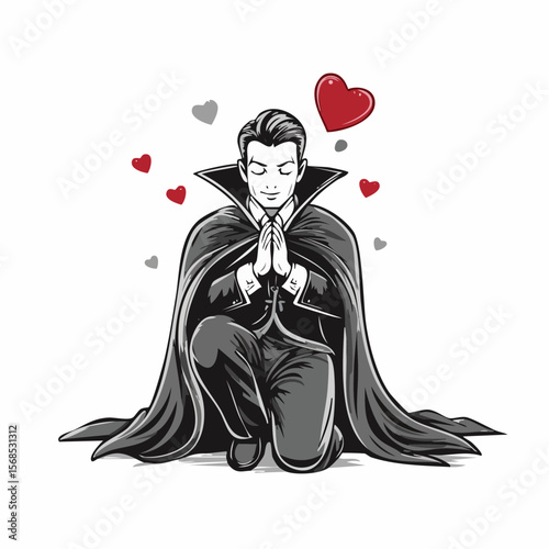 Repentant Vampire Dracula Kneeling in Prayer Seeking Forgiveness with Sincere Heart Vector Illustration