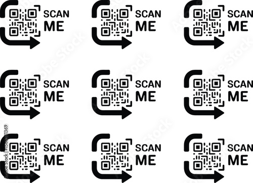 Set of nine black scan me qr code icons with arrows on white background