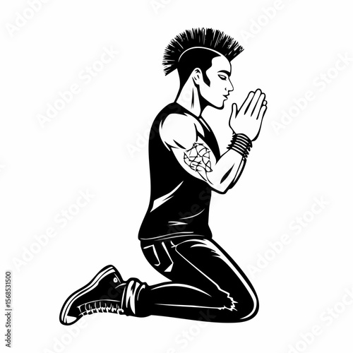 Young Punk Rock Man Kneeling in Prayer and Repentance in a Powerful Vector