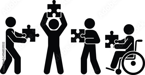 Diverse group of people with puzzle pieces symbolizing unity and inclusion