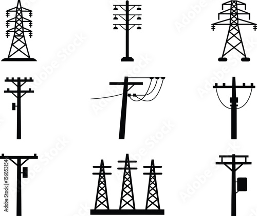 Collection of black silhouette icons representing various electricity poles and towers