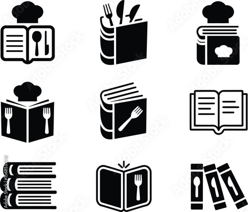 Collection of black and white icons representing cookbooks and culinary themes