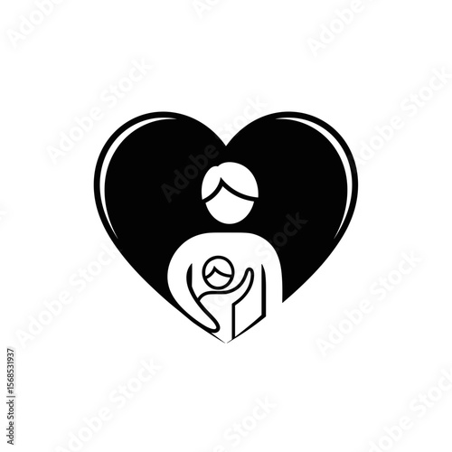 Mother holding baby inside heart shape, vector icon
