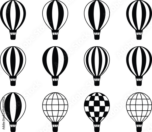 Collection of twelve black and white hot air balloon icons on a white background