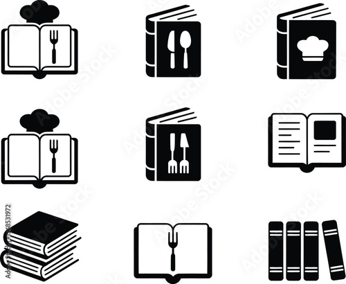 Collection of nine black and white icons representing cookbooks and books