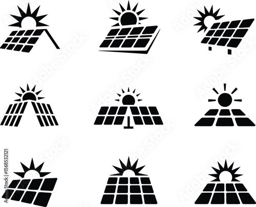Collection of nine black solar panel icons with sun symbols