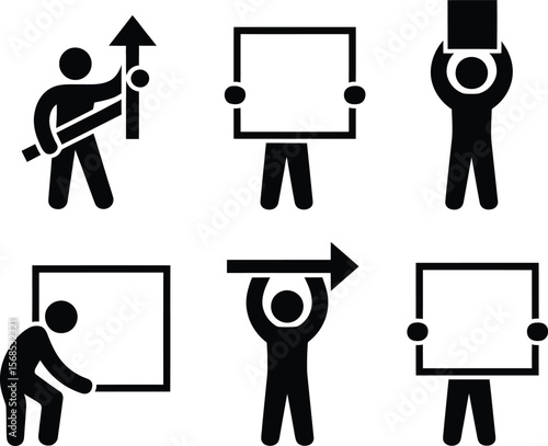 Set of six black silhouette icons of people holding signs and arrows