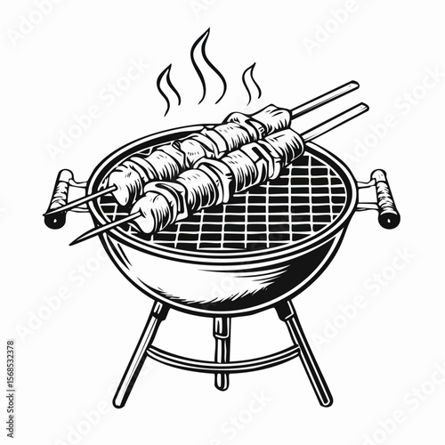 Grilling Shashlik On Barbecue Grill Vector Image isolated on white background.
