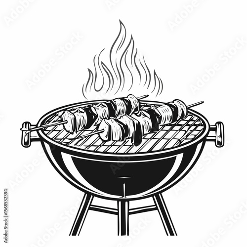 Grilling Shashlik On Barbecue Grill Vector Image isolated on white background.