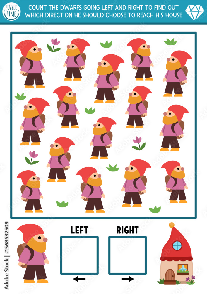 Fototapeta premium Dwarf logic game with left and right concept for kids. I spy searching, counting activity with cute gnome searching way to house. Magic forest printable space orientation worksheet, puzzle