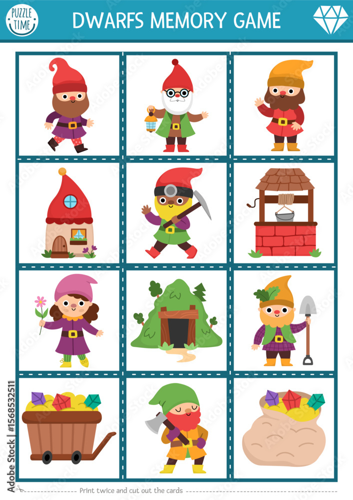 Fototapeta premium Vector memory game cards with cute dwarf, house, mine, cart with treasures. Woodland matching activity. Remember and find correct card. Simple printable worksheet for kids with gnomes