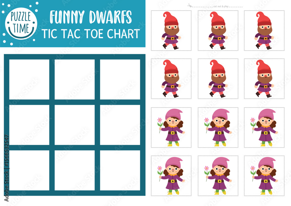 Fototapeta premium Vector fairytale tic tac toe chart with cute dwarfs. Fantasy board game playing field with fantasy character. Funny printable worksheet. Noughts and crosses grid with gnome boy and girl