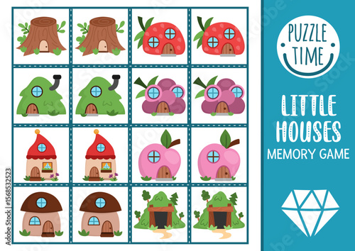 Vector memory game cards with cute dwarf houses. Woodland matching activity. Remember and find correct card. Printable worksheet for kids with gnome homes shaped as berry, tree stump