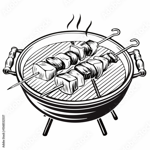 Grilling Shashlik On Barbecue Grill Vector Image isolated on white background.