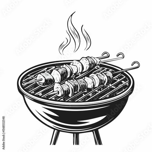 Grilling Shashlik On Barbecue Grill Vector Image isolated on white background.