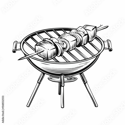 Grilling Shashlik On Barbecue Grill Vector Image isolated on white background.