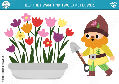 Find two same flowers. Fairytale matching activity for children. Magic forest educational quiz worksheet for kids for attention skills. Simple printable game with cute garden gnome and flower bed