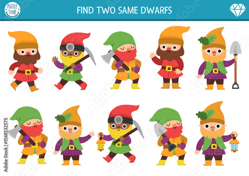 Find two same dwarfs. Fairytale matching activity for children. Magic garden or forest educational quiz worksheet for kids for attention skills. Simple printable game with different gnomes