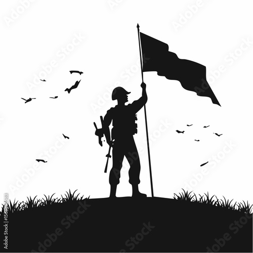 Celebration Heroes Day with Soldier Hold Flag Silhouette Vector on white background.