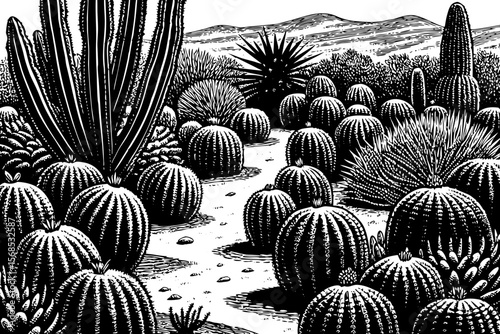 desert garden full of varied cacti species arranged in artistic symmetry and natural order vector a black and white line art illustration