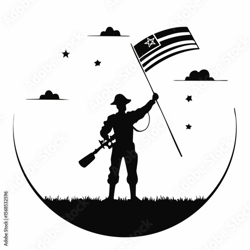Celebration Heroes Day with Soldier Hold Flag Silhouette Vector on white background.