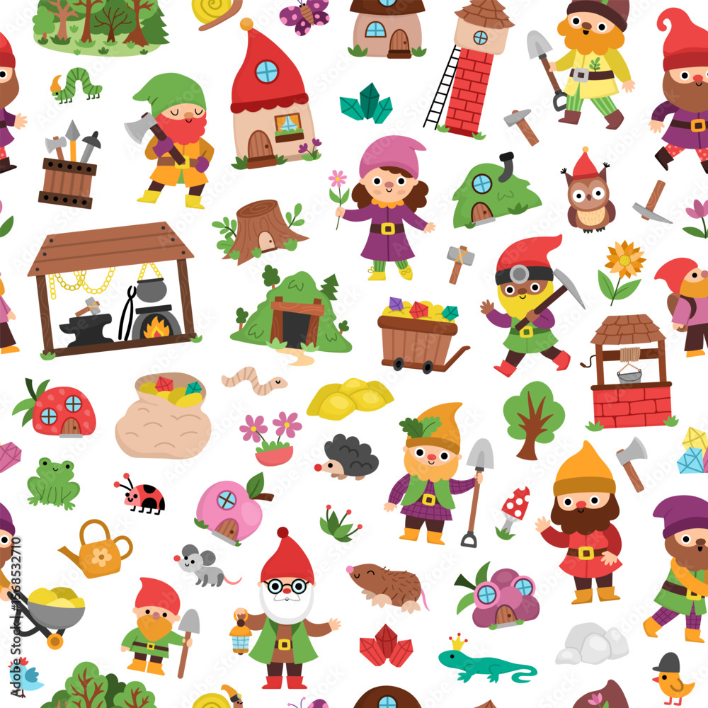 Obraz premium Vector dwarf seamless pattern. Cute gnome repeat background. Fairytale character digital paper. Magic creature texture with garden, mining, blacksmith, treasure, mine pit, houses, fantasy animal