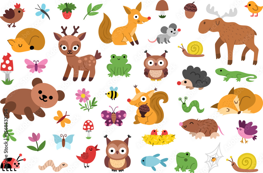 Obraz premium Vector woodland animal clipart set. Cute forest creature icons. Cartoon illustrations with birds, insects, fish, berry. Pack with bear, deer, fox, owl, frog, mole, hedgehog, butterfly, nest