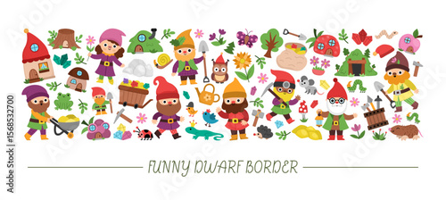 Vector horizontal frame with dwarf, forest animals, houses, fairytale creature. Magic garden or woodland card template design, banner. Cute fantasy border illustration with gnomes