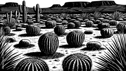 desert garden full of varied cacti species arranged in artistic symmetry and natural order vector a black and white line art illustration