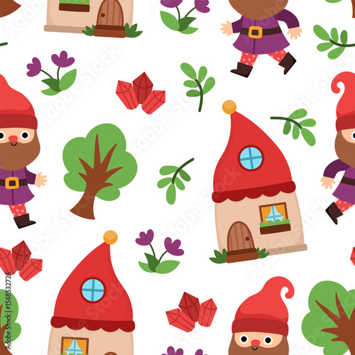 Vector dwarf seamless pattern. Cute gnome repeat background. Fairytale character digital paper. Magic creature texture with garden, mining concept, treasure, house, gems, flowers