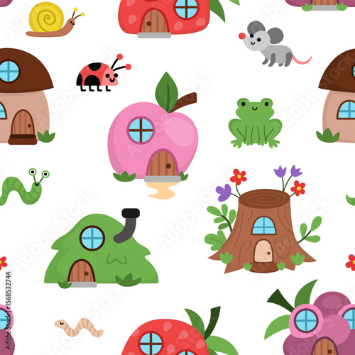 Vector little forest houses seamless pattern. Cute gnome home repeat background. Fairytale character digital paper. Magic creature texture with cottages shaped as berry, mushroom, tree stump