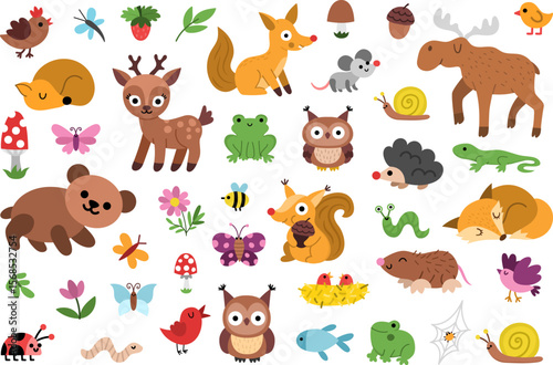Vector woodland animal clipart set. Cute forest creature icons. Cartoon illustrations with birds, insects, fish, berry. Pack with bear, deer, fox, owl, frog, mole, hedgehog, butterfly, nest