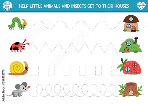 Vector handwriting practice worksheet with woodland animals and insects going to their houses. Printable activity for preschool kids with cute homes. Fairyland fantasy tracing game