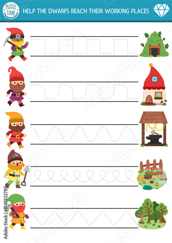 Vector handwriting practice worksheet with woodland dwarfs going to their house and working places. Printable activity for preschool kids with cute gnomes. Magic forest fantasy tracing game