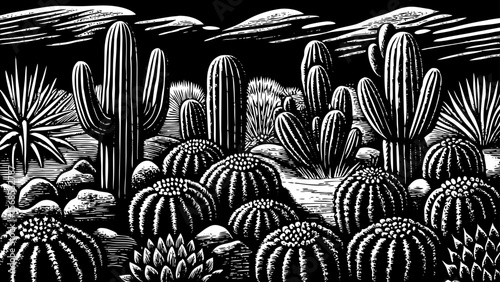 desert garden full of varied cacti species arranged in artistic symmetry and natural order vector a black and white line art illustration