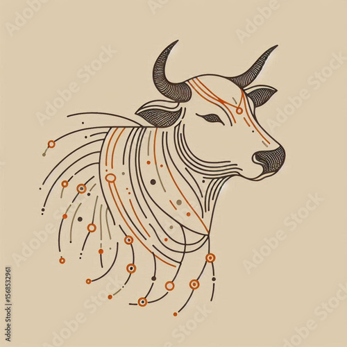 Cow with a garland (India) is a modern vector image of a cow with a garland in a simplified form, made of thin lines and shapes similar to icons
