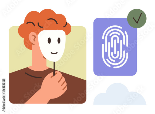 Red-haired person holding a mask, symbolic fingerprint icon with checkmark, and cloud. Ideal for identity, security, privacy, fraud prevention, biometric verification, authenticity simple flat