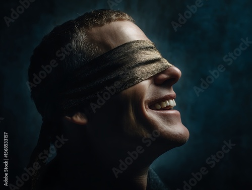 A man wearing a golden blindfold laughs with his head tilted back against a dark moody background