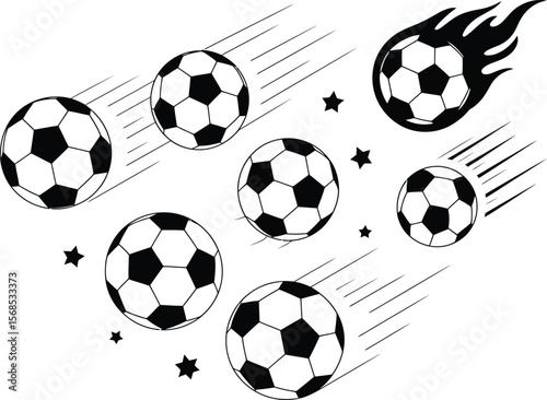 Dynamic black and white soccer balls in motion with stars and flames