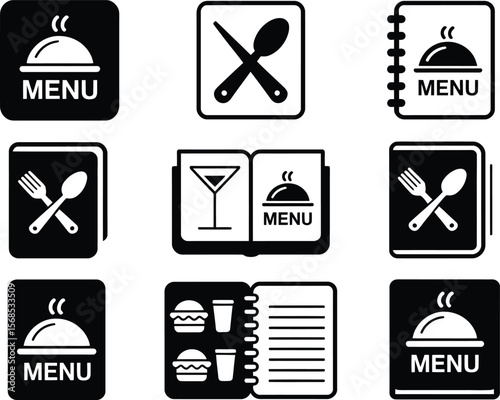 Collection of nine black and white icons representing restaurant menus and dining