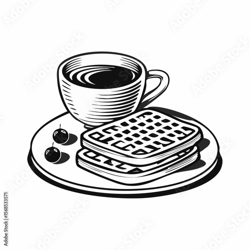 Waffles and coffee Vector. Delicious Waffle And Coffee on the table image isolated on white background.