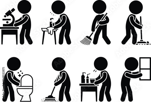 Set of stick figure icons representing cleaning and scientific activities
