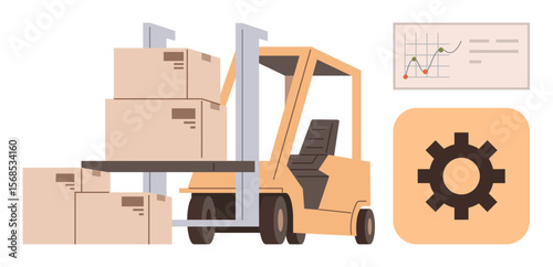 Forklift lifting boxes, supply chart with data trends, and gear icon. Ideal for logistics, warehouse, transportation, organization, supply chain efficiency operations. Simple flat metaphor