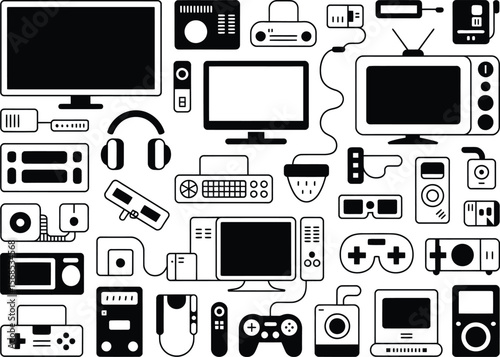 Collection of vintage and modern electronic devices and gadgets in black and white