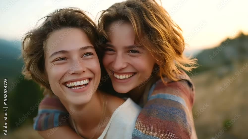 Two women enjoy a sunny day outdoors, sharing laughter and friendship. Two women enjoy a sunny day outdoors, sharing laughter and friendship.