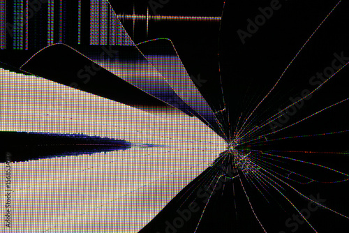 Abstract pixelated cityscape resembling a futuristic urban scene, distorted by RGB screen pixels and digital glitching for artistic impact.