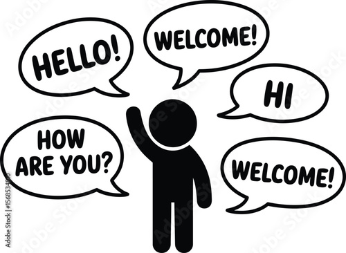 Friendly stick figure waving and saying hello welcome and how are you
