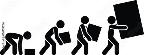 Stick figures progress through stages of lifting and carrying a large object