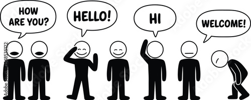 Stick figures greeting each other with different phrases and gestures