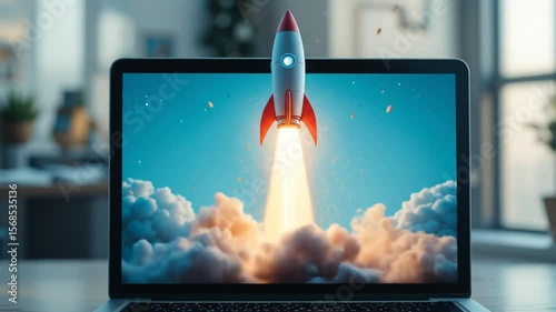 Rocket launch from laptop computer, symbolizing assistant agent autonomy and job automation using futuristic AGI technology for growth. 4k video